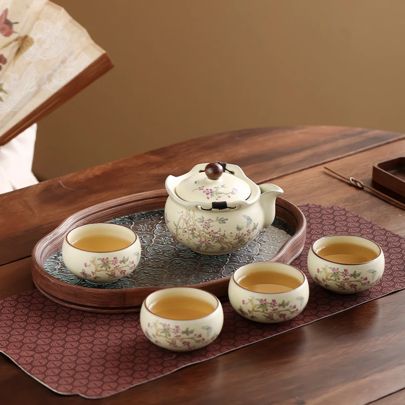 米黄汝窑便携式茶壶旅行茶具女士精致茶具单人防烫泡茶杯功夫茶具