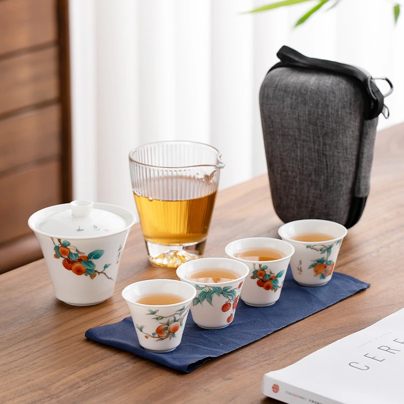 新视觉 家用陶瓷便携式旅行茶具套装户外泡茶车载露营白瓷快客杯
