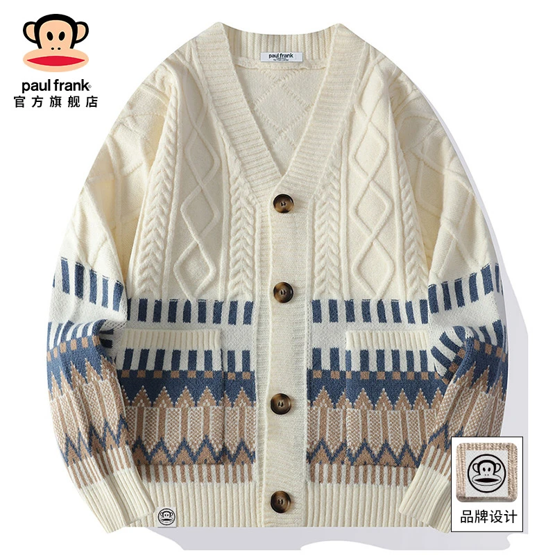paul frank/大嘴猴开衫毛衣男士冬季新款潮流百搭宽松针织衫外套