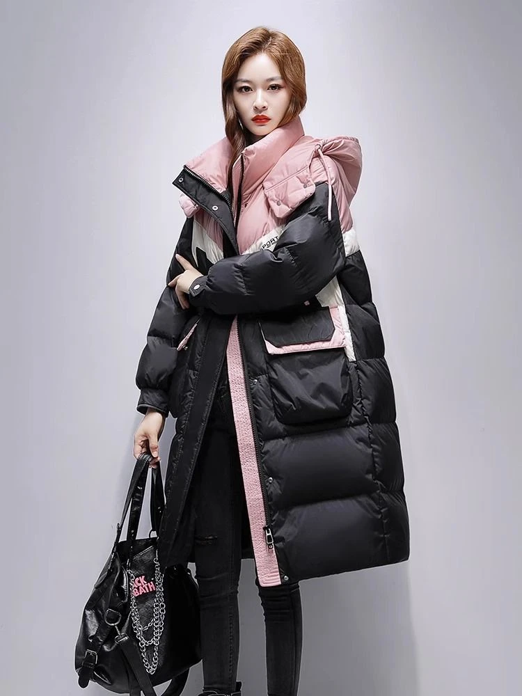 波司登90白鸭绒羽绒服女长款加厚2023冬季新款过膝撞色拼接时尚连