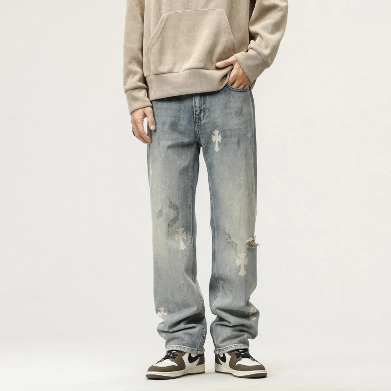 高端破洞克罗心印花美式牛仔裤男款爆款2024新款宽松直筒男士高街