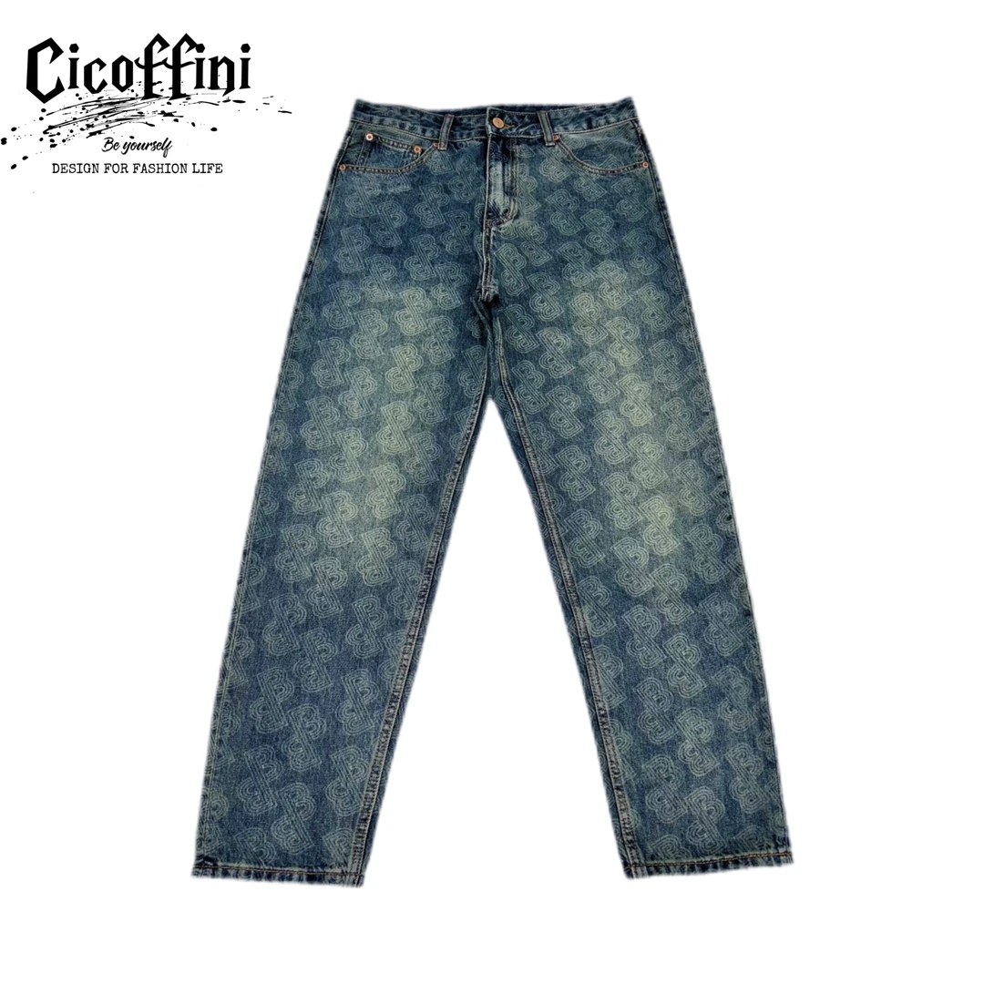 高端镭射印花男士夏季薄款牛仔裤男款休闲裤百搭宽松直筒水洗做旧