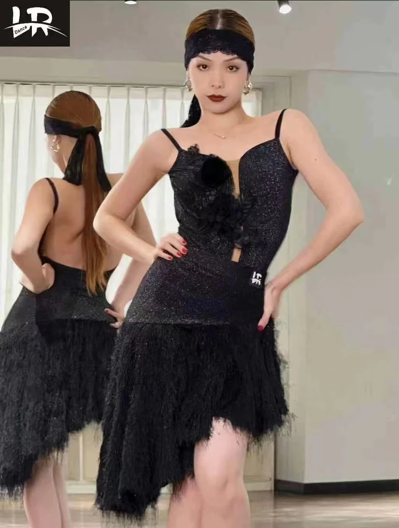 LR084分体套装自带胸垫底裤支持定制舞服黑色舞蹈服拉丁舞性感