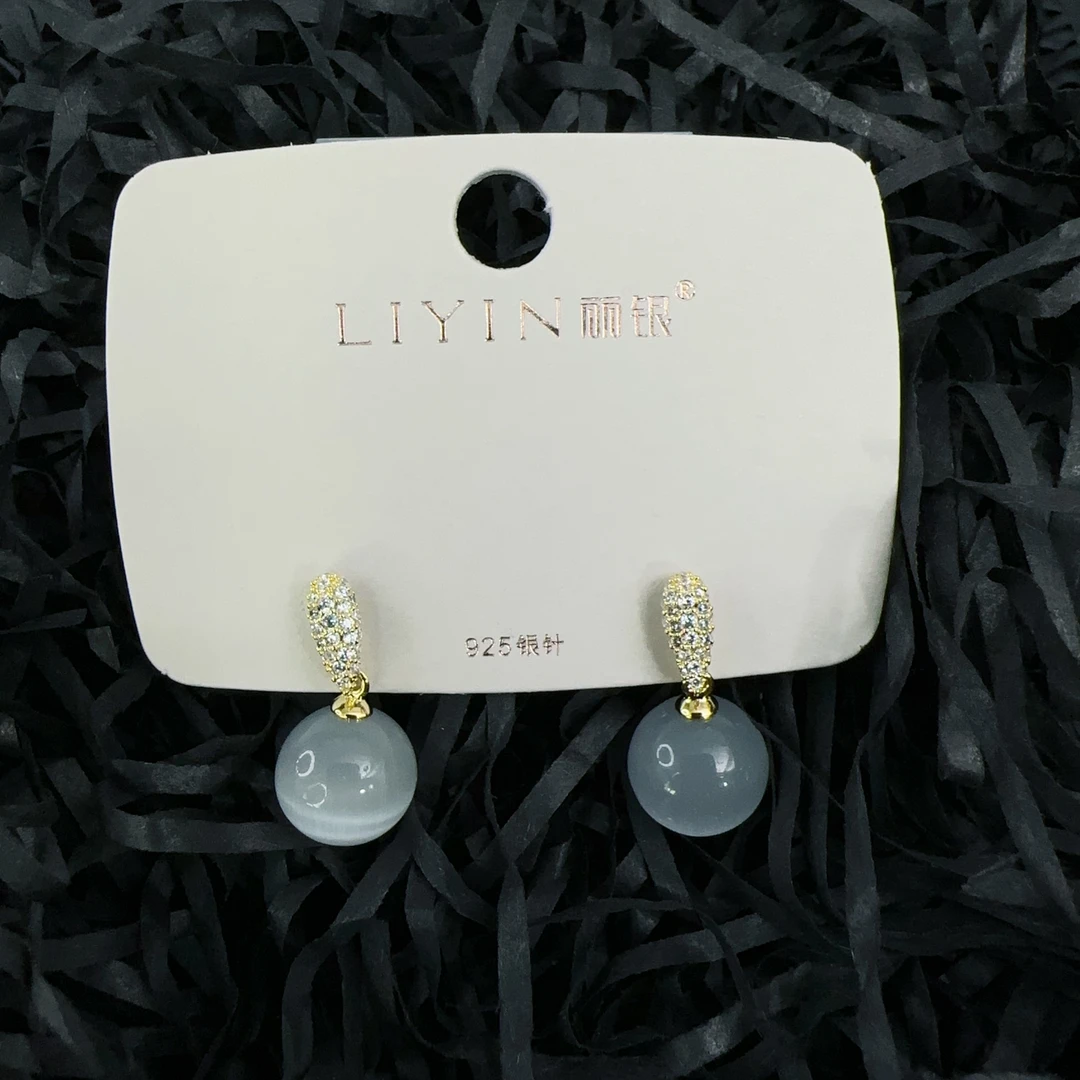 铜合金合成锆石耳饰 liyin/丽银微镶锆石耳环小众轻奢气质耳钉女