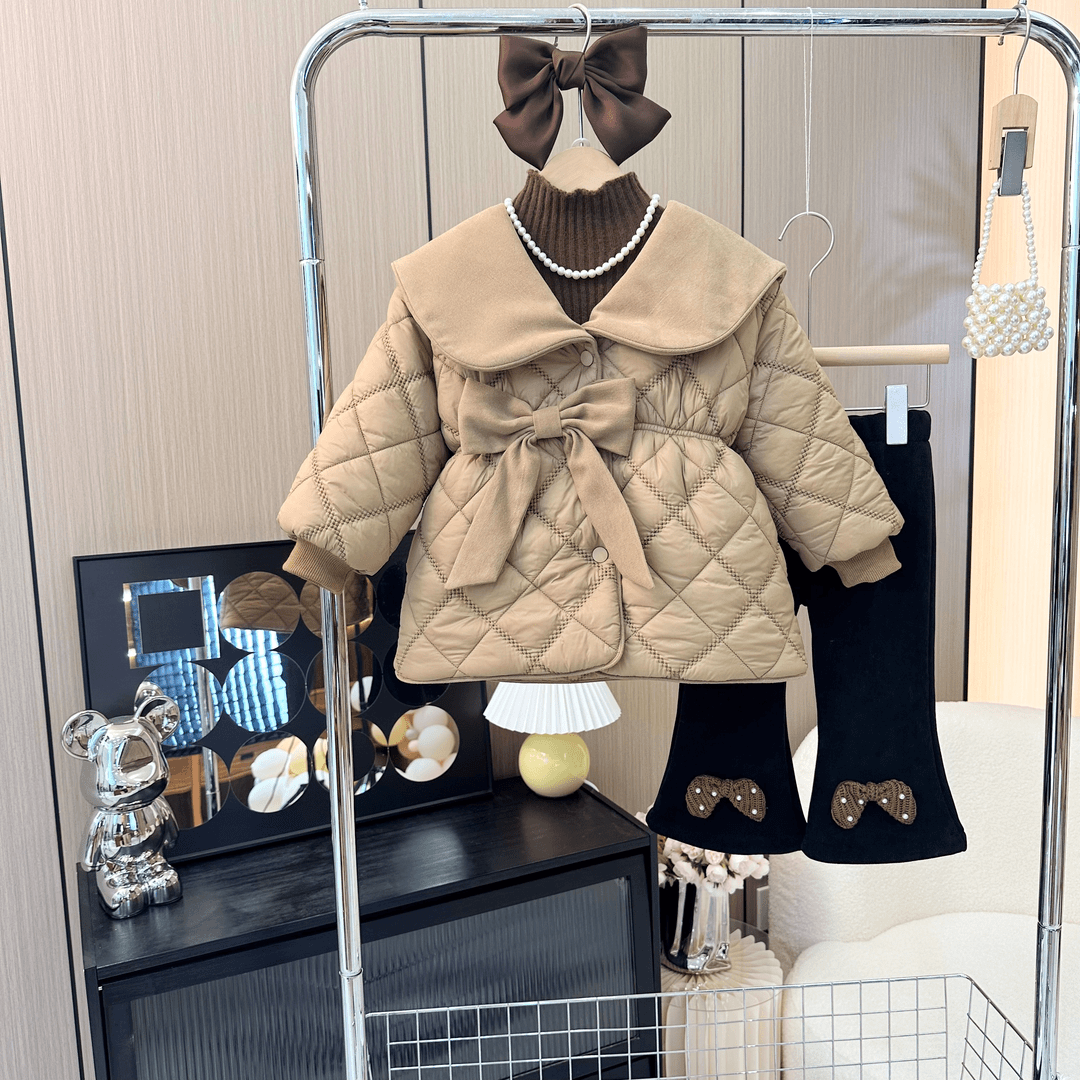 冬季2023新品上新韩版洋气中长款外套棉服女宝宝菱格蝴蝶结棉袄