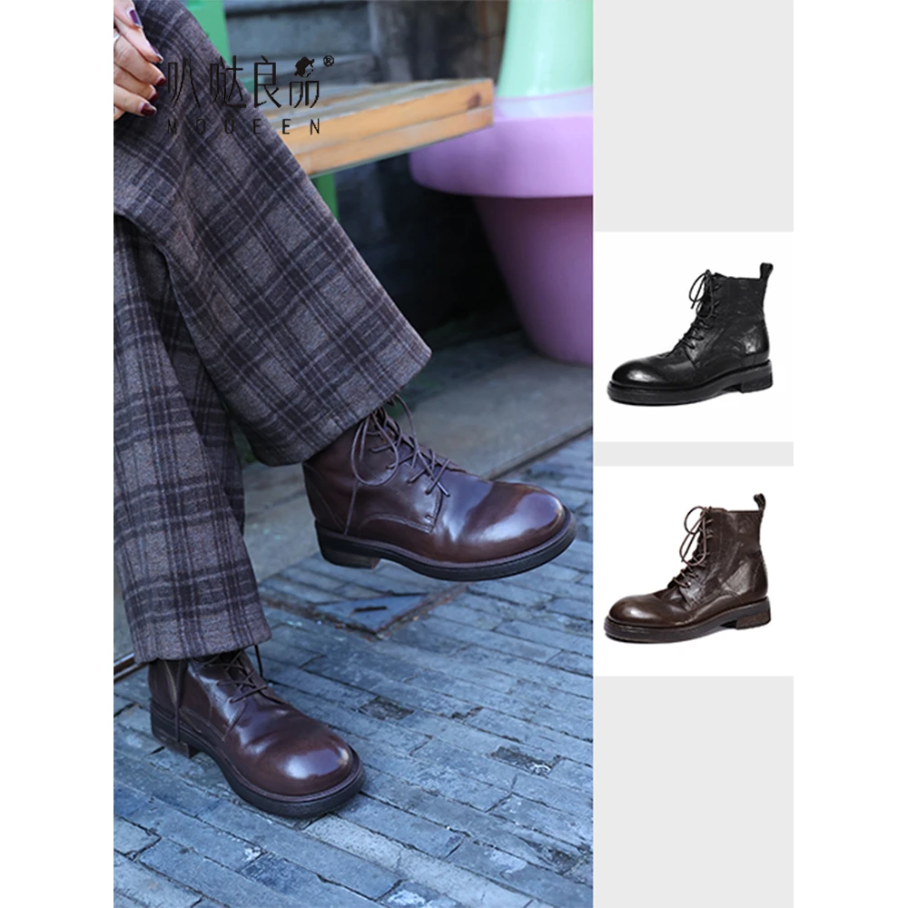 【叭哒不惑】牛皮时尚复古侧拉链短靴女秋冬圆头英伦风马丁靴