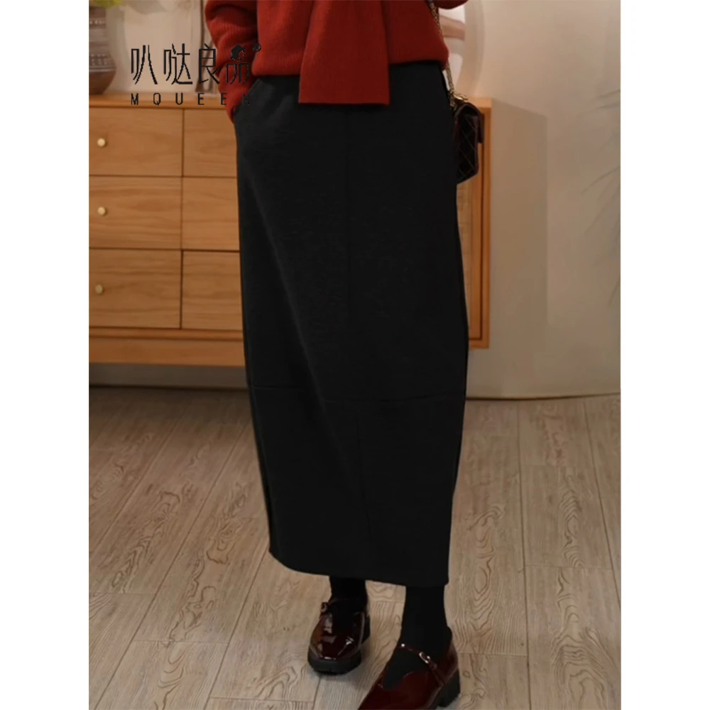 T【叭哒不惑】休闲日 羊毛气质显瘦宽松半身裙黑色文艺秋冬女裙子