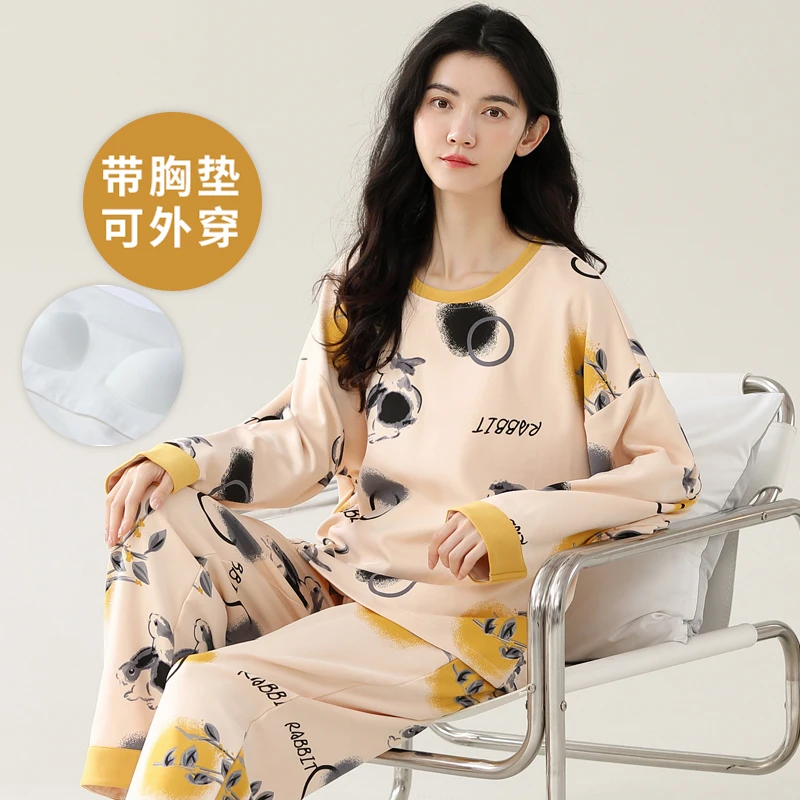 睡衣女款春秋季长袖大码胖MM自带胸垫一体套装200斤夏冬天家居服