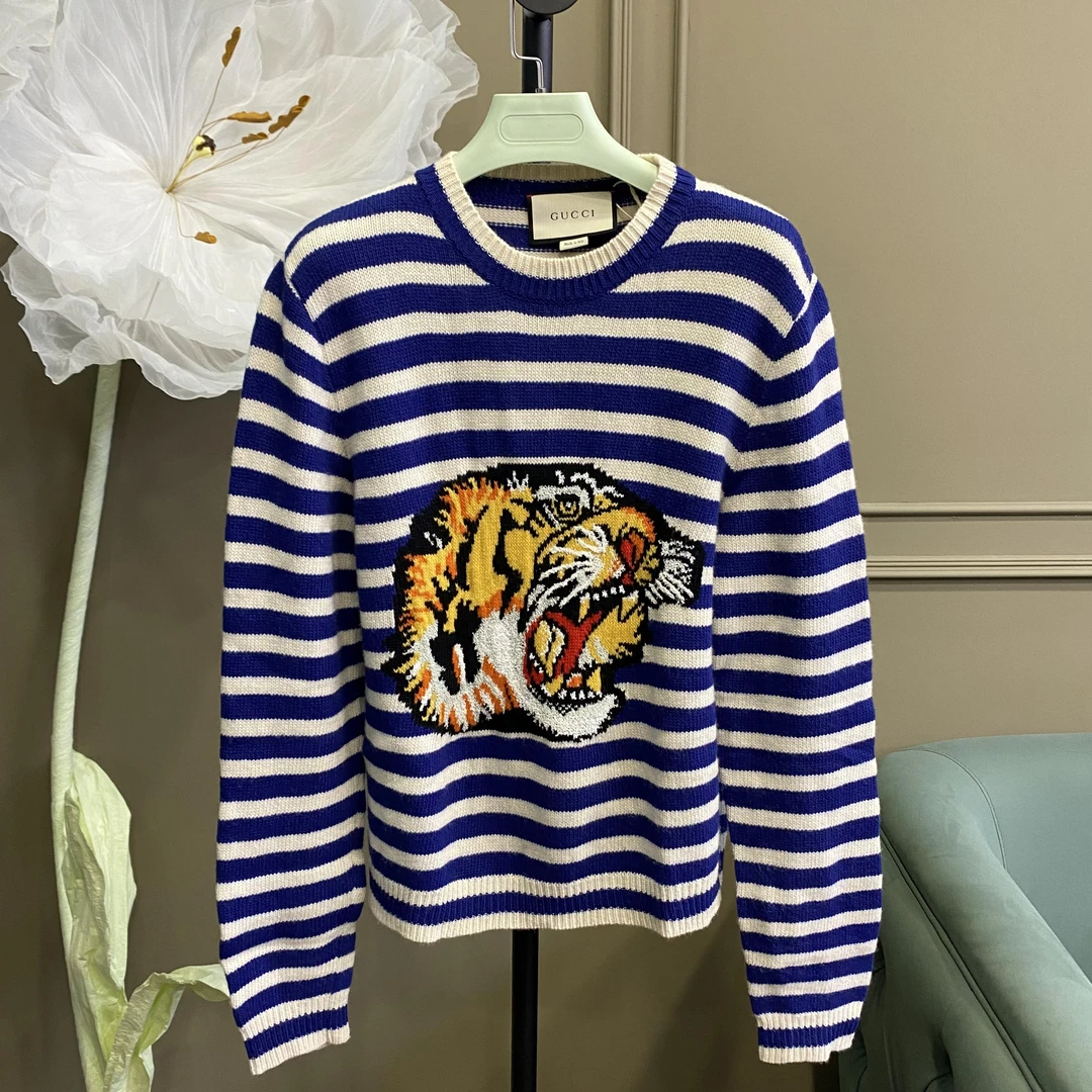 95新 GUCCI/古驰 潮服/GUCCI古驰/m码/蓝白条纹虎头毛衣/70290413