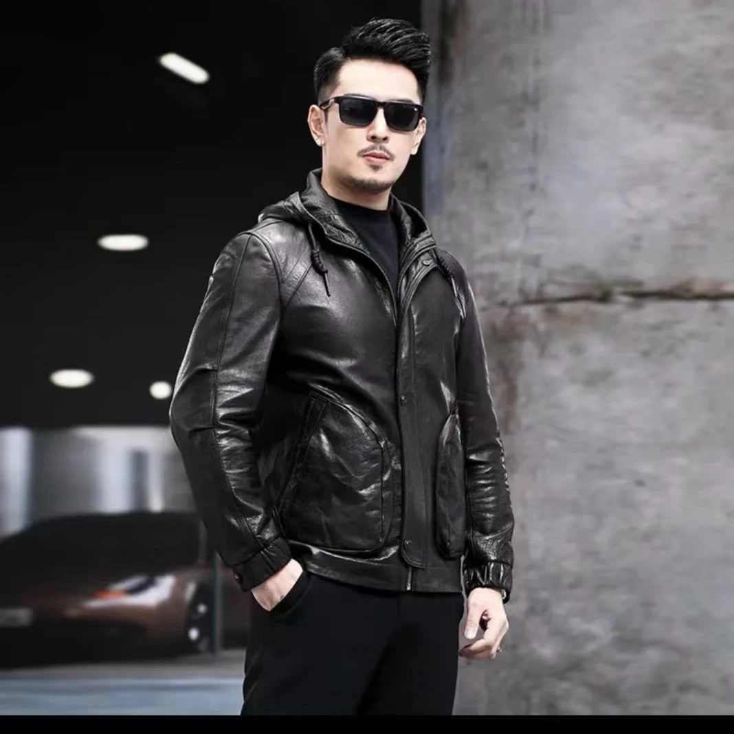 LINGGE/领格海宁男士真皮皮衣头层山羊皮连帽休闲夹克外套皮夹克