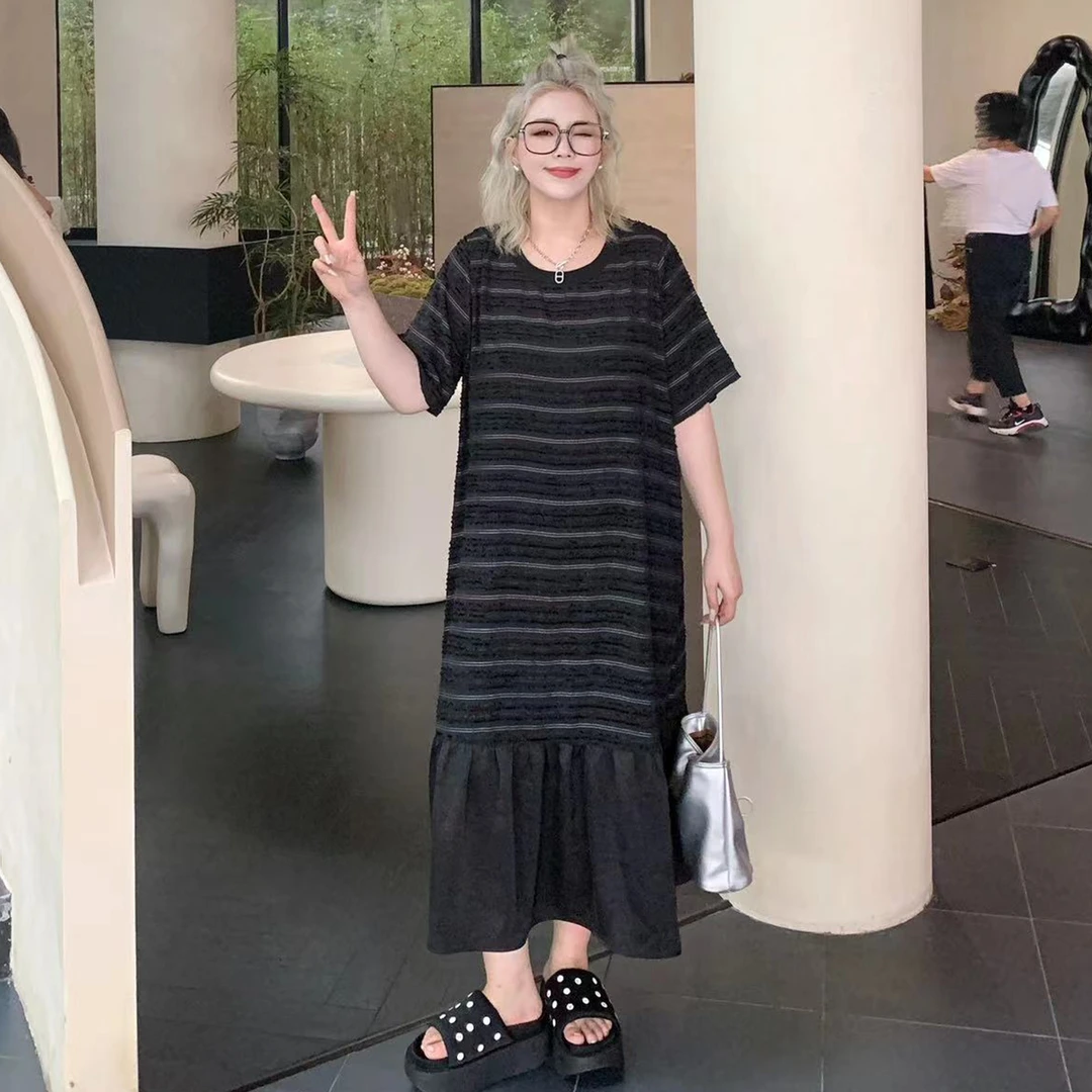 媛子大码条纹提花拼接鱼尾连衣裙重工设计款时尚优雅长裙83251