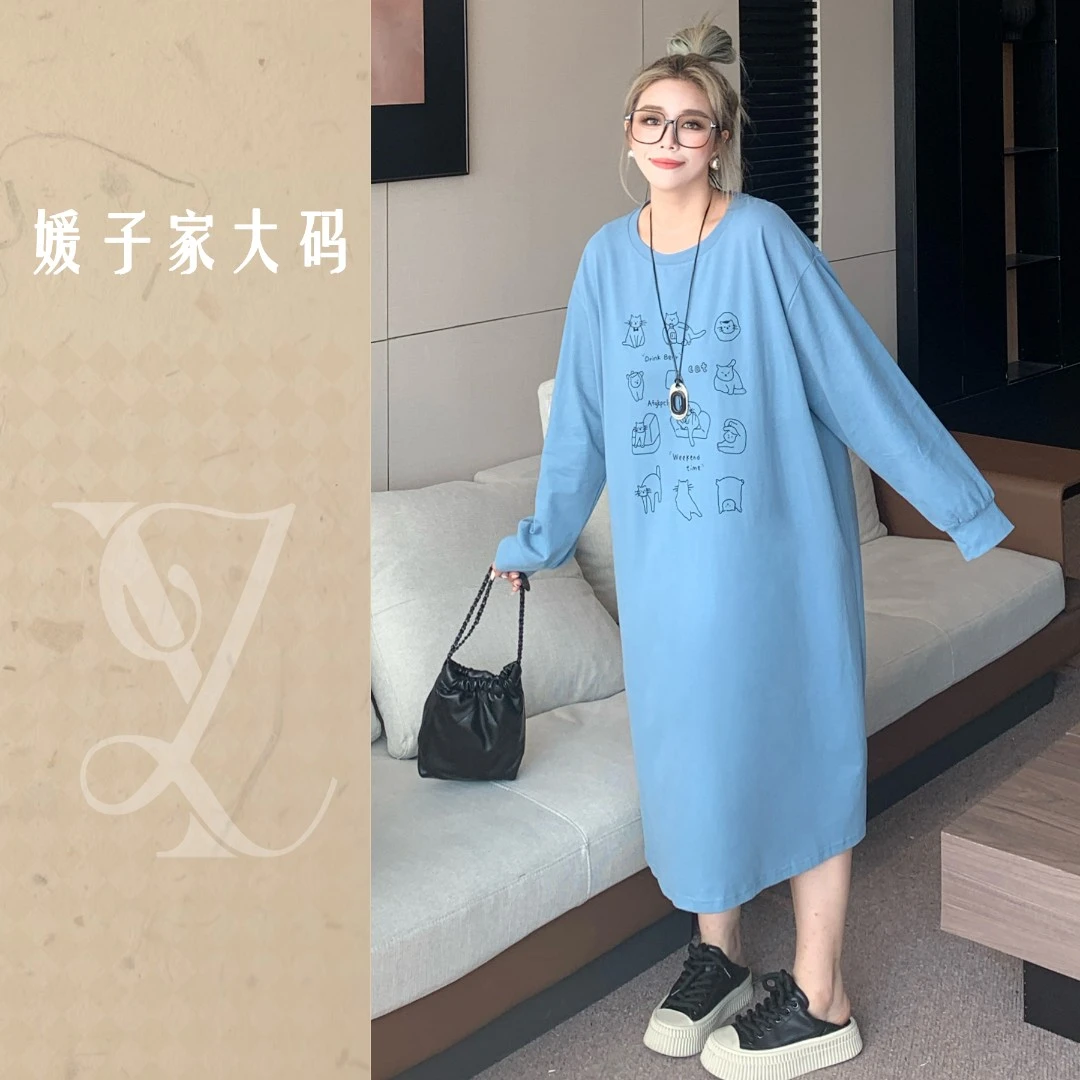 媛子大码印花T恤裙宽松遮肉胖mm显瘦百搭简约秋季新款连衣裙83559