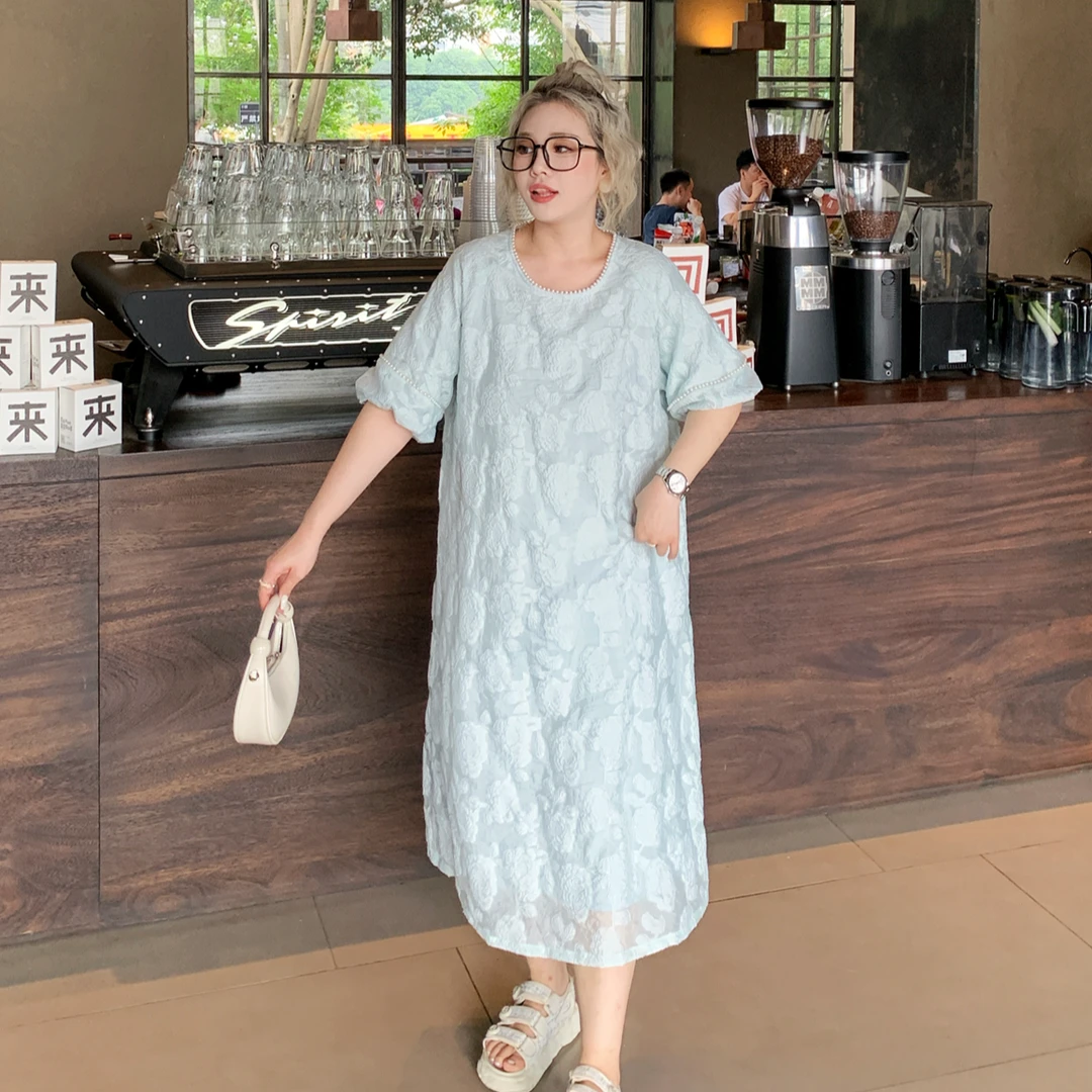 媛子大码法式提花宽松连衣裙优雅气质遮肉夏季珍珠圆领83180