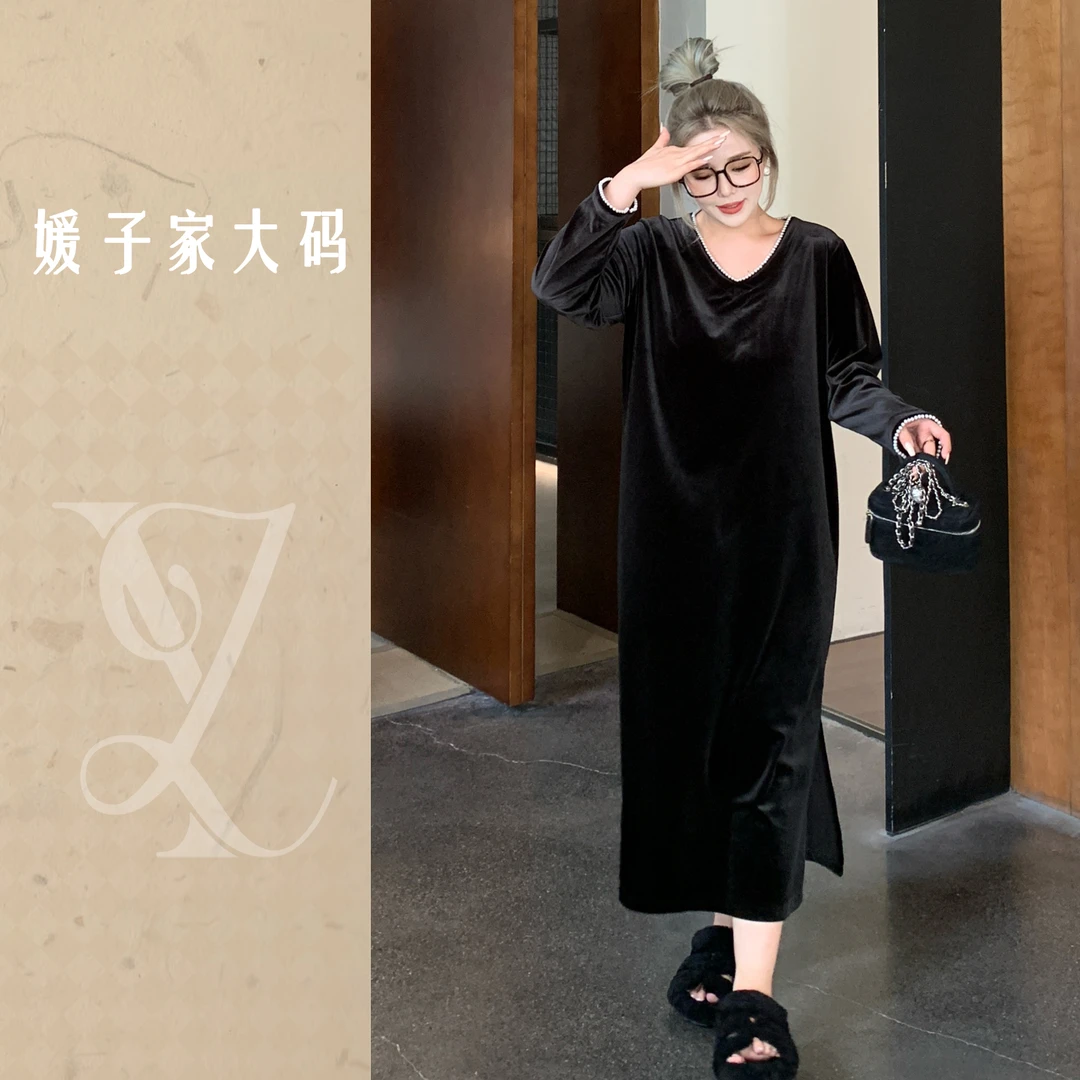 媛子大码名媛风金丝绒裙高级感轻奢洋气宽松开叉时尚连衣裙83555