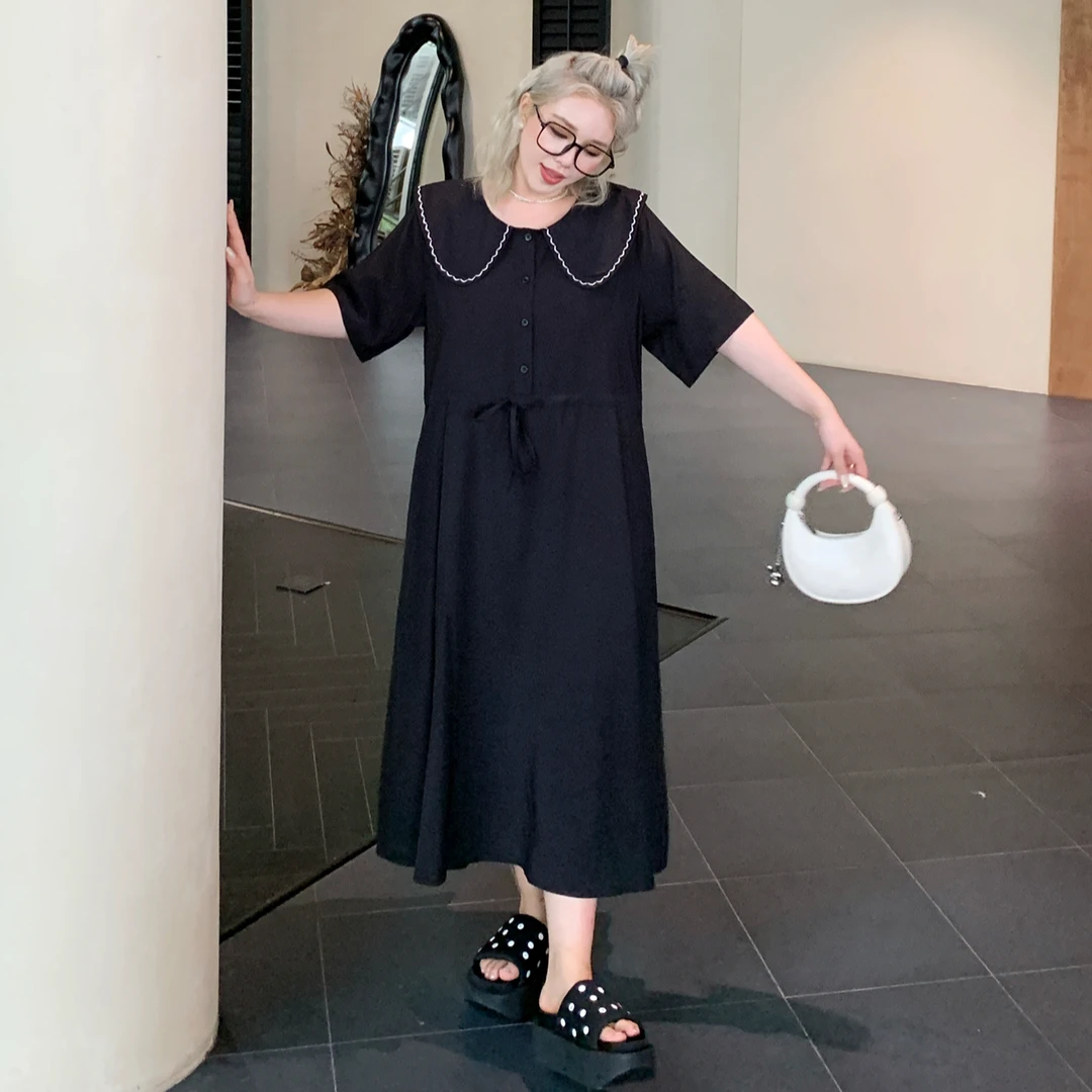 媛子大码法式娃娃领宽松连衣裙抽绳气质优雅夏季凉感A字裙83236