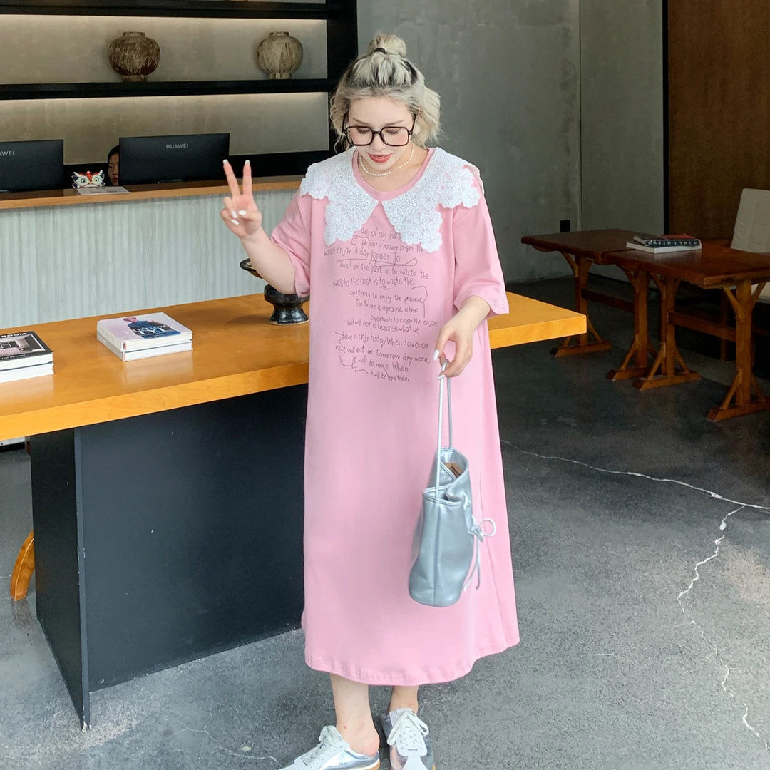 媛子大码娃娃领印花宽松连衣裙蕾丝重工设计款高级感长裙83201