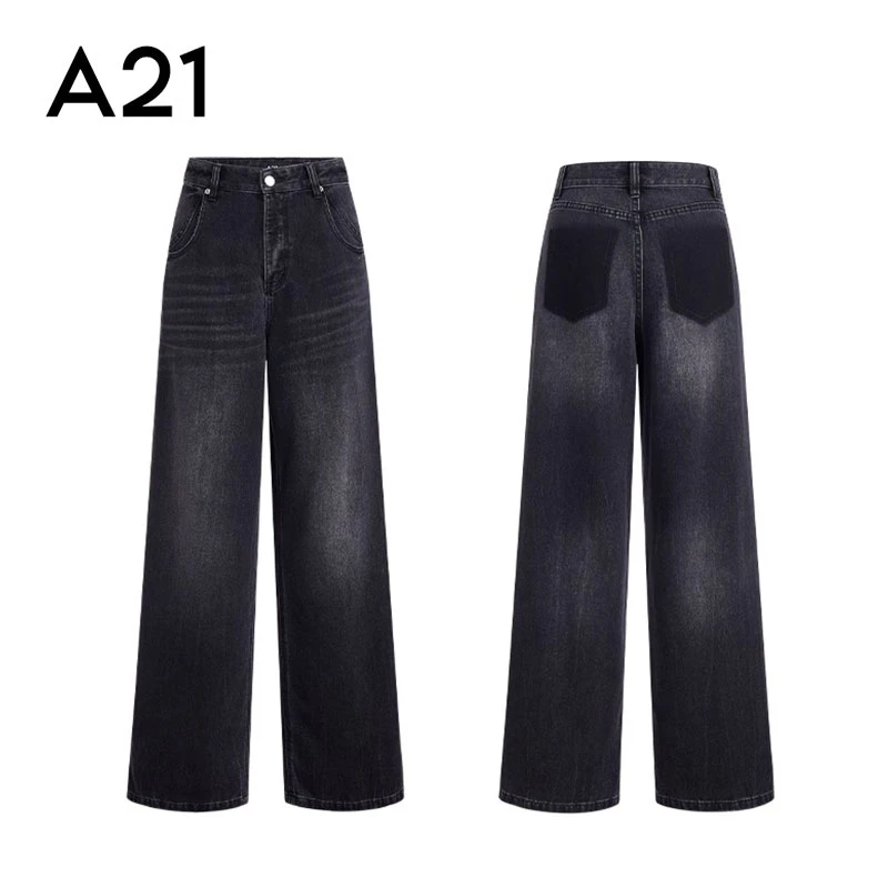 A21女装无弹高腰阔腿长牛仔裤复古休闲宽松直筒裤F443226012