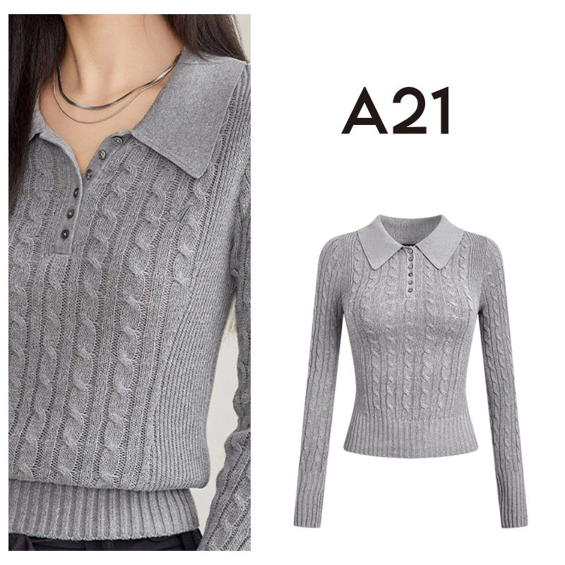 A21 女装合体翻领平肩半开筒套头针织衫气质上修身衣F443243016-1