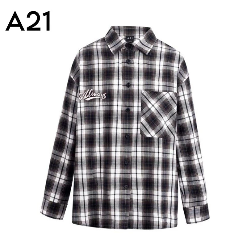 A21女装宽松翻领长袖格子休闲衬衫F443210004