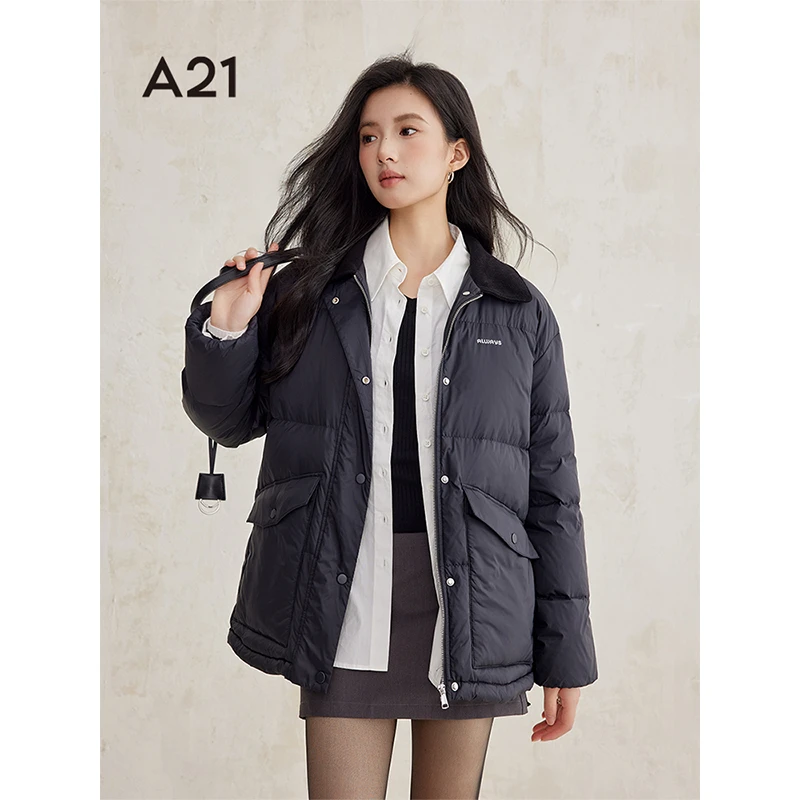 A21女装梭织宽松翻领落肩开襟中短羽绒服F444215017
