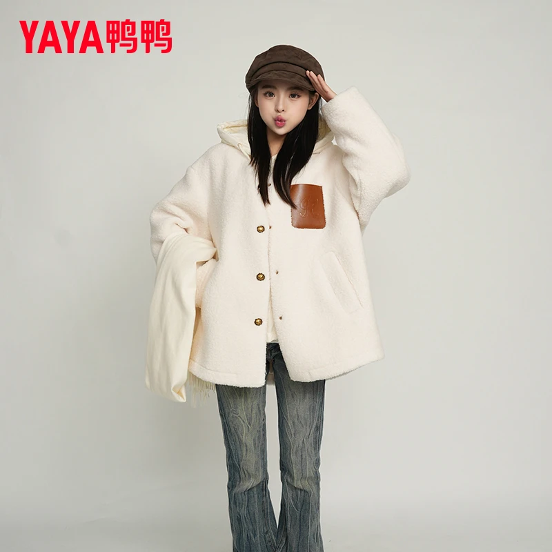 YAYA/鸭鸭羽绒服女中长款冬季羔羔毛加厚百搭保暖外套YE3B631585L