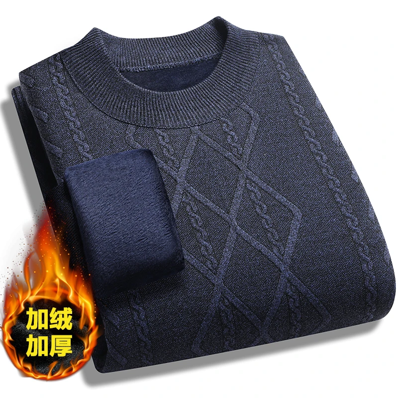 保罗周末秋冬季加绒针织毛衫中青年长袖加厚保暖休闲圆领毛衣男