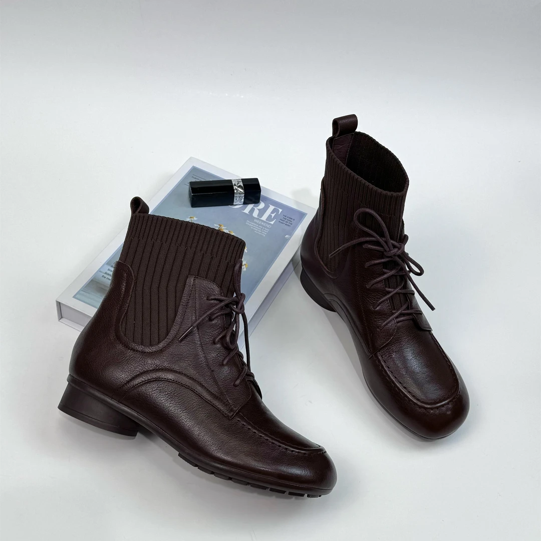 3cm跟高女鞋时尚百搭真皮短靴秋冬女靴休闲舒适复古粗跟加绒