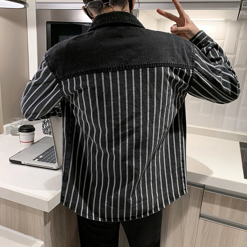 牛仔衬衣外套男士2023新款潮流条纹拼接宽松时尚休闲工装男装上衣