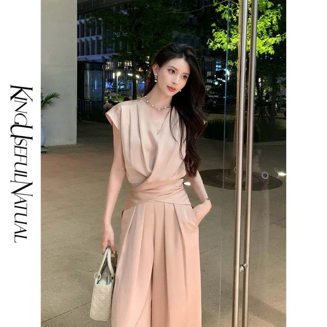 KUN【夕岚】身材易容术 抓皱感 V领收腰阔腿裤套装