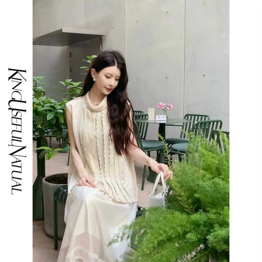 KUN【茉莉小调】灰调米杏 前片压褶后背开襟立体定染花边上衣