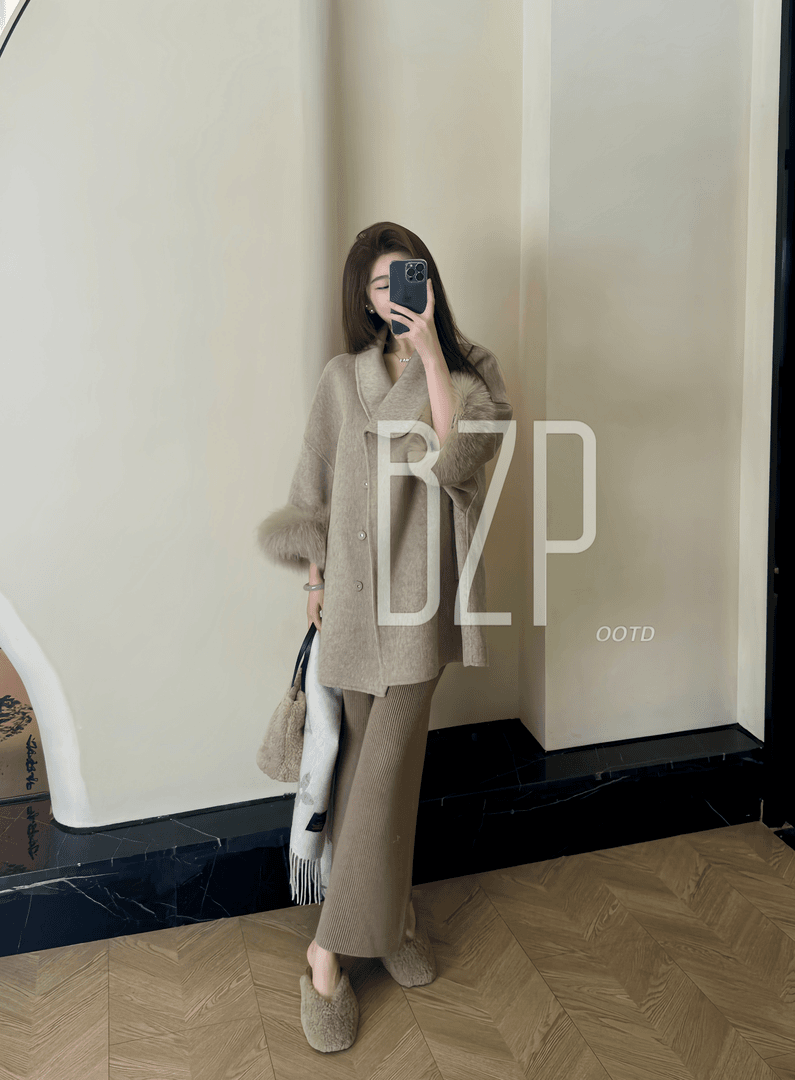 【松丽奶油香】可拆卸袖口狐狸毛双面羊毛大衣毛呢外套