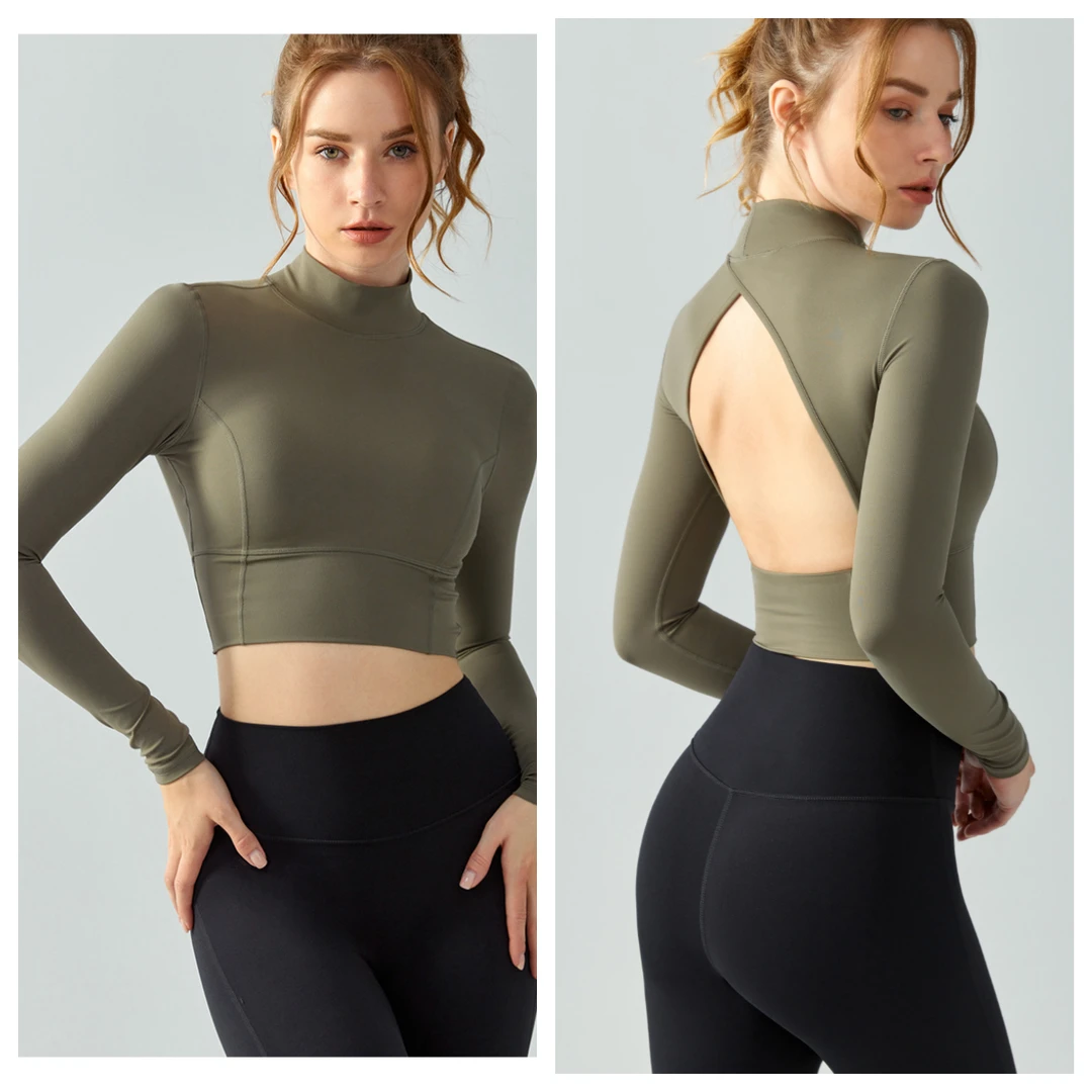 立领瑜伽服长袖女镂空性感露背水滴半固定杯运动T恤紧身健身上衣