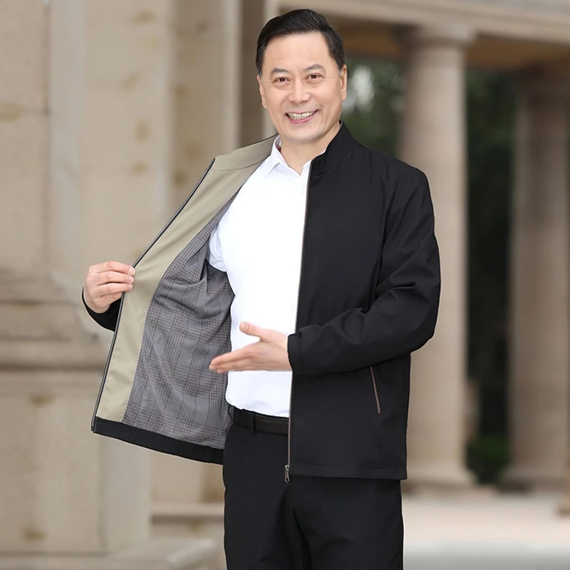 爸爸装夹克男士外套春秋薄款中老年休闲男装商务风日常男装上衣