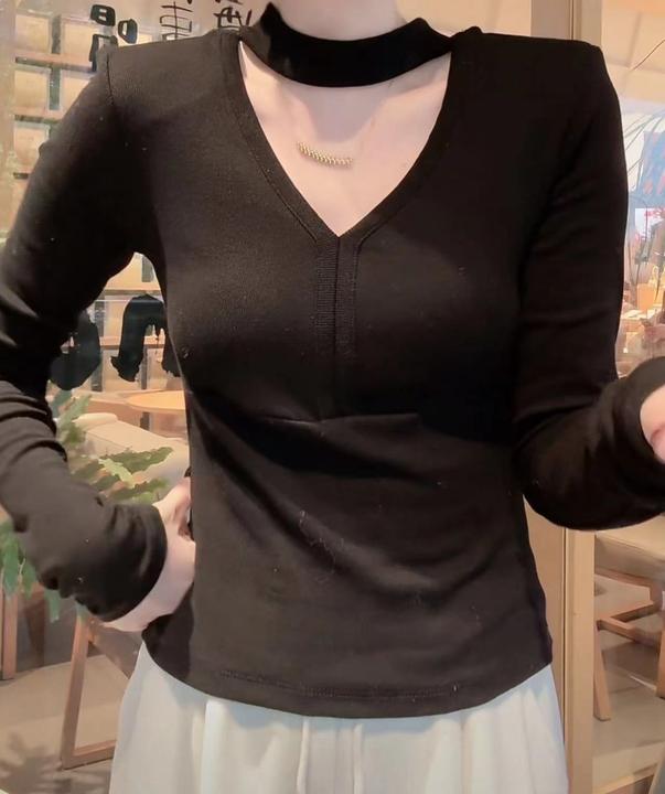 【花花定制】设计感挂脖V领修身长袖T恤女秋款百搭灰色打底上衣8091