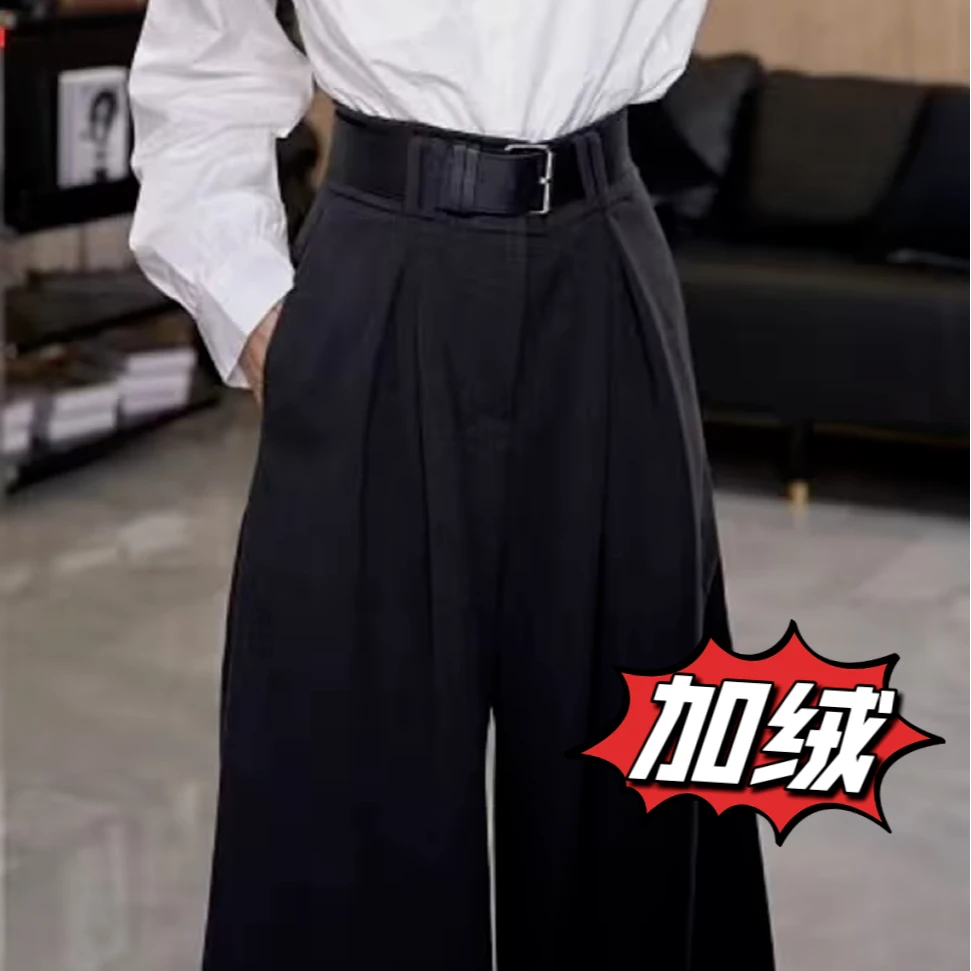 秋冬新款毛呢加绒加厚款捏褶带腰带百搭裤16552