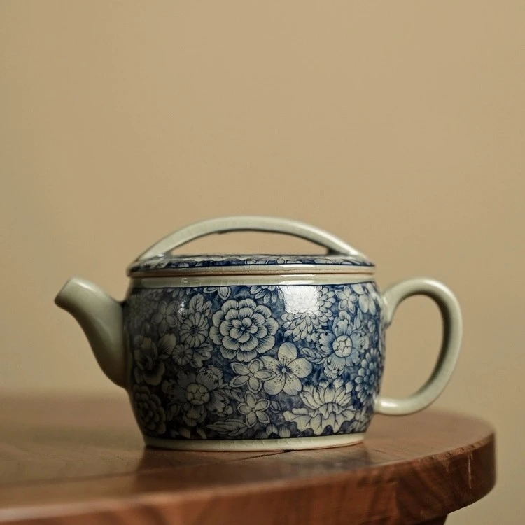 纯手工粗陶宽口万花汉瓦壶陶瓷泡茶壶功夫茶具仿古青花中式茶器