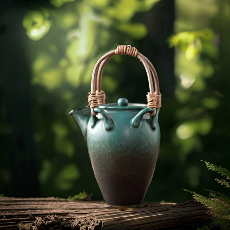 祥境堂  复古松石墨绿陶瓷藤编提梁壶家用泡茶壶