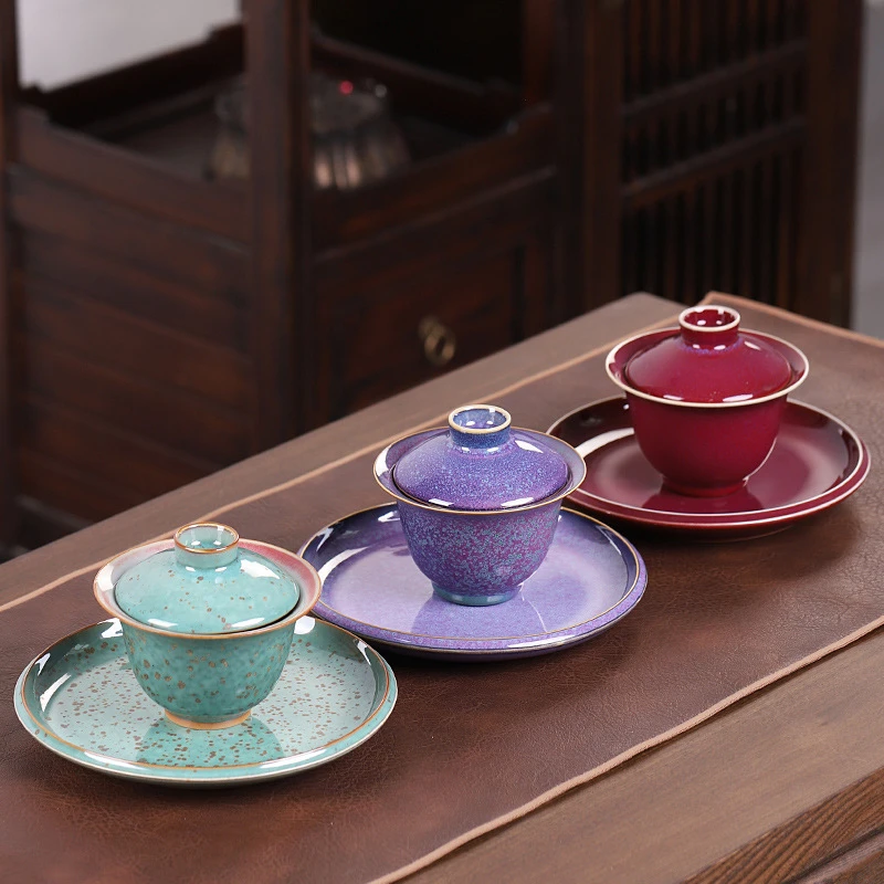 钧瓷盖碗批发大号三才茶碗陶瓷茶具泡茶碗家用钧窑功夫茶盖碗