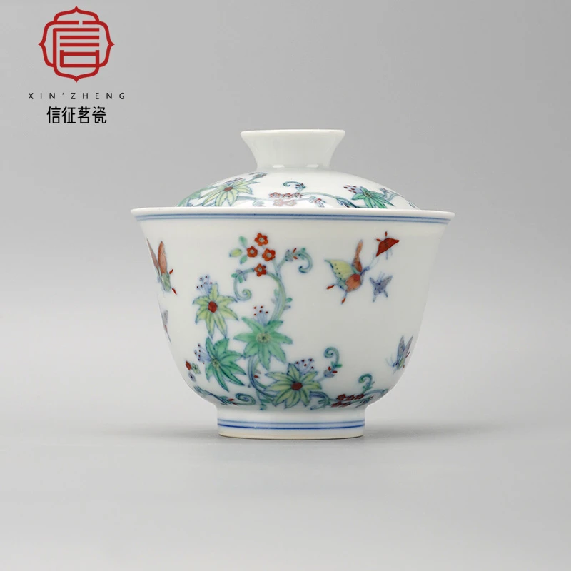 景德镇陶瓷仿雍正款斗彩蛱蝶百合纹二才盖碗高端茶器全手工泡茶碗