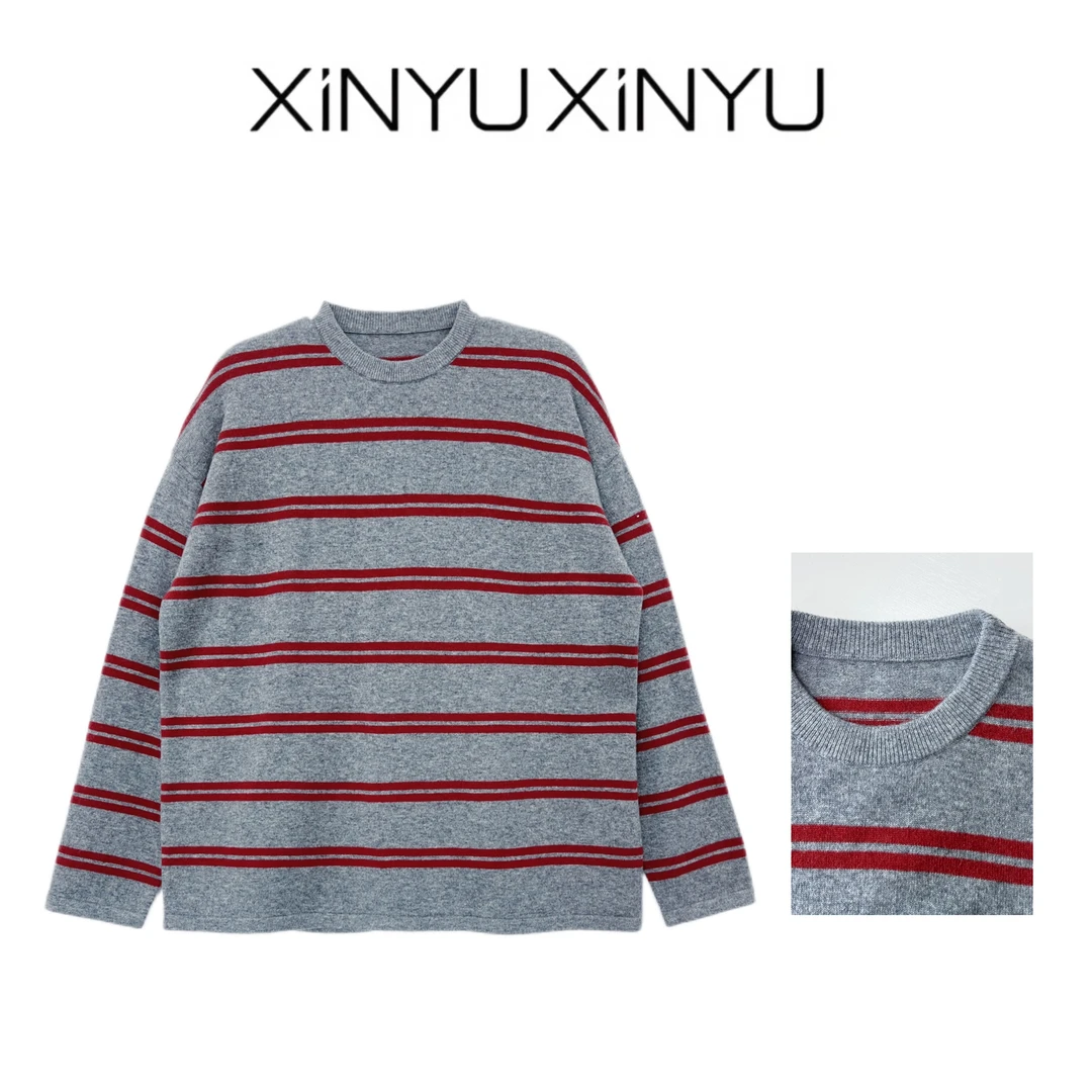 XINYU/芯与  100绵羊毛灰红撞色条纹圆领针织衫 424136 长袖 秋冬
