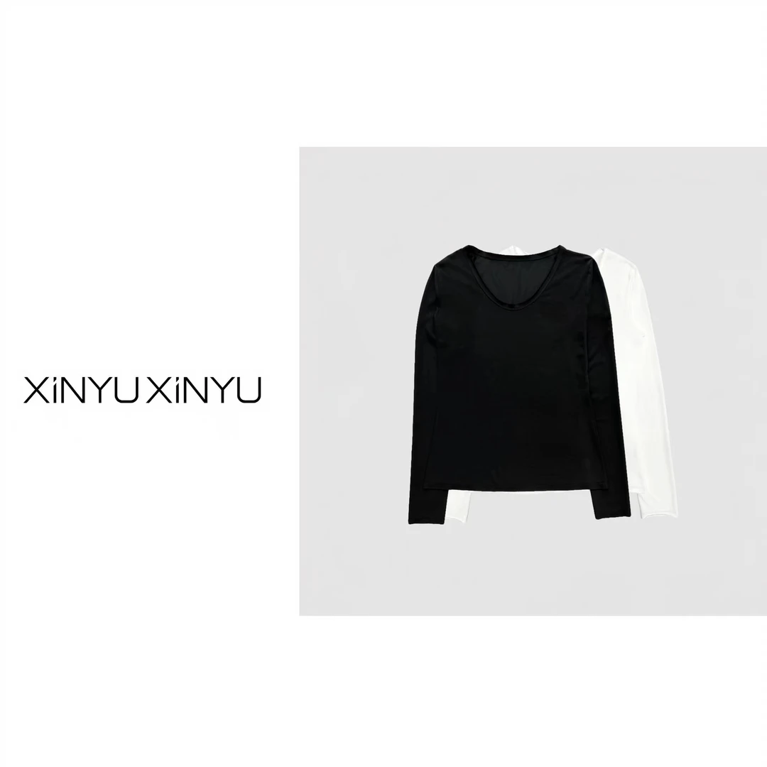 XINYU/芯与G『慵懒时光』大圆领棉质感纯色长袖T恤 30349 百搭休闲
