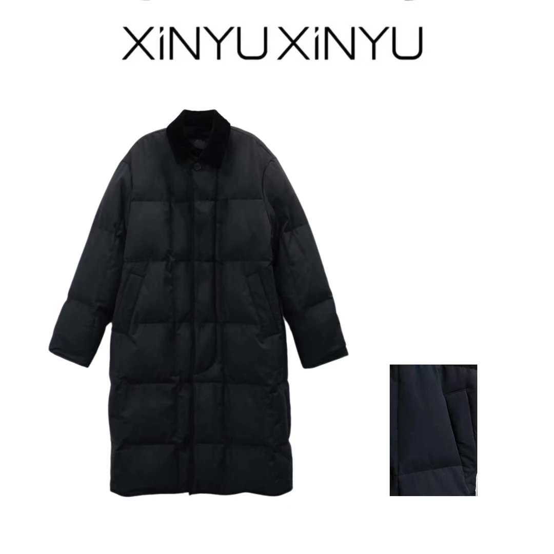 XINYU/芯与『黑泡芙』90白鹅绒拼接领长款羽绒服 32302 秋冬 百搭