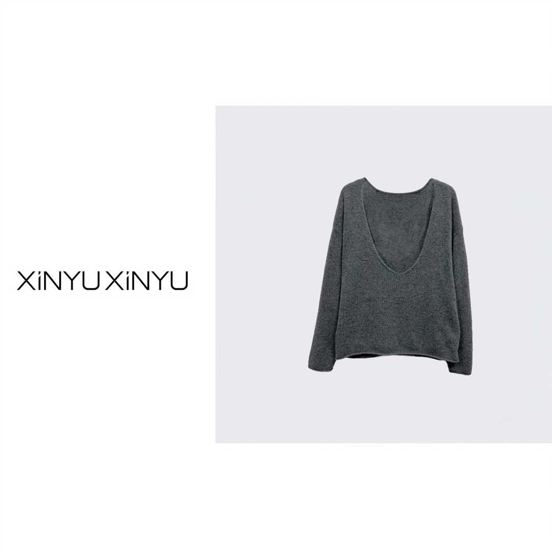 XINYU/芯与G『深谷幽兰』100绵羊毛大U领羊毛衫 324132 针织