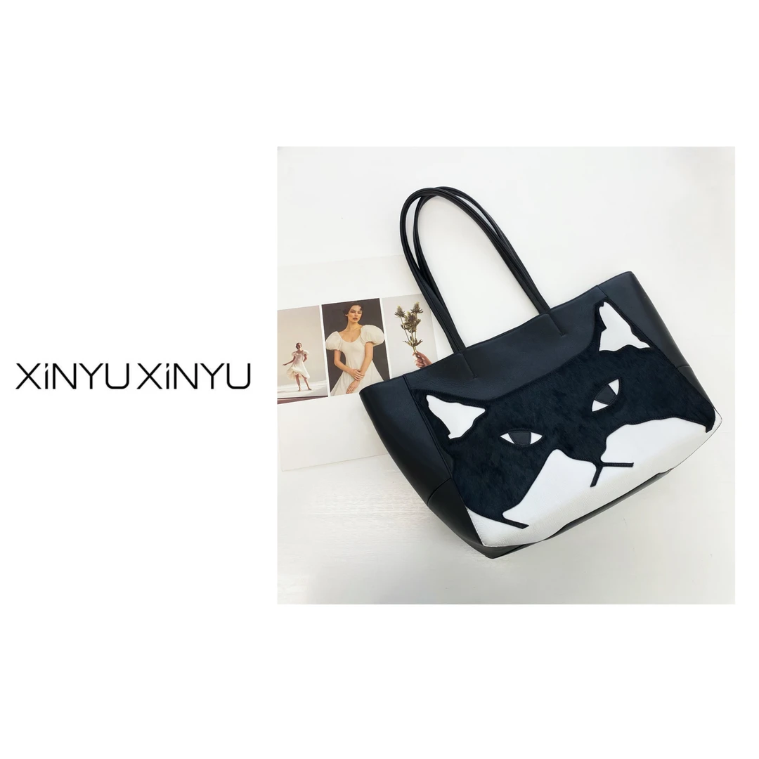 XINYU/芯与『暗夜猫咪』头层牛皮定制猫咪图案手提单肩包 BB3211