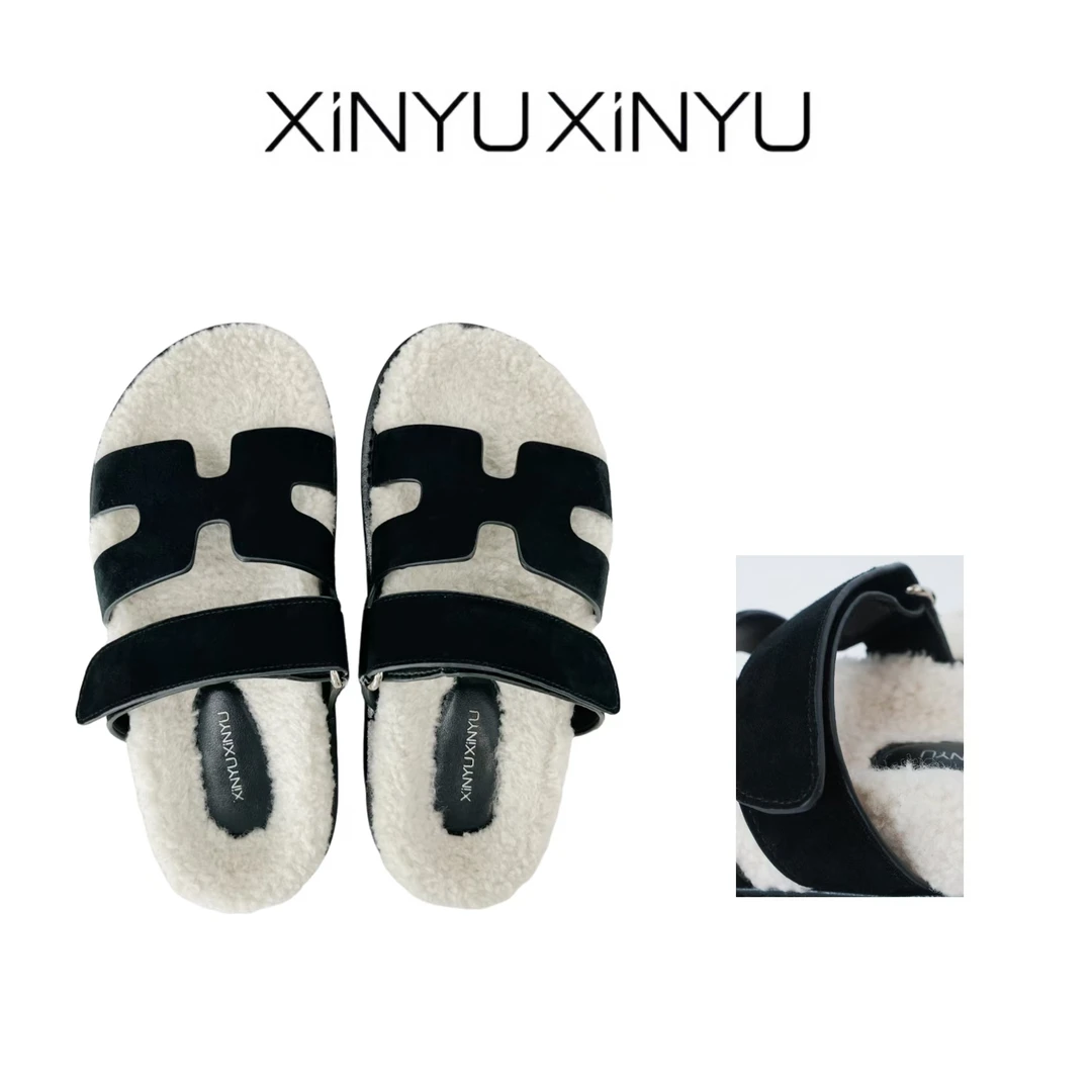 XINYU/芯与   魔术贴 拖鞋黑白毛绒厚底单拖跟鞋 XZ3210 时尚