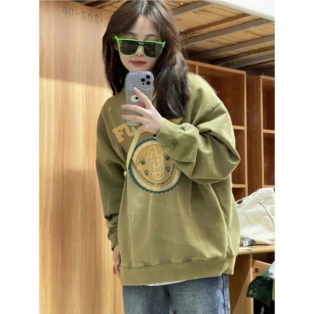 9002 vintage美式潮牌绿色卫衣女无帽春秋落肩chic港味薄款外套