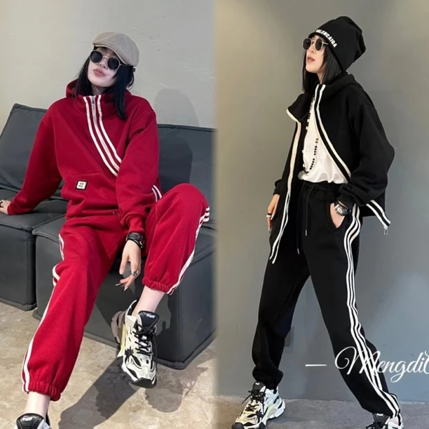 高端网红时尚运动套装2023秋冬新款洋气百搭连帽长拉链上衣束脚裤