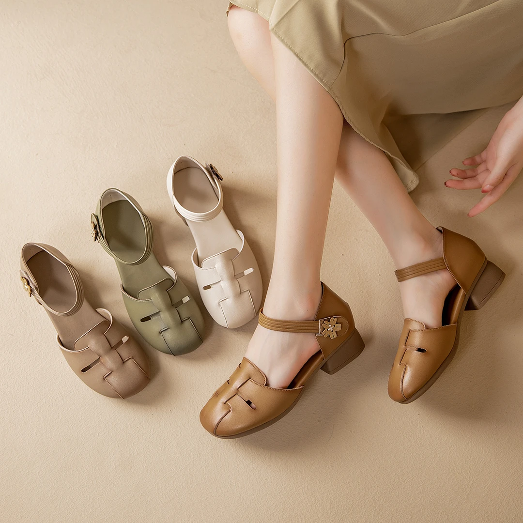 真皮软底舒适妈妈鞋中跟粗跟中年凉拖鞋百搭防滑中老年人女鞋夏季