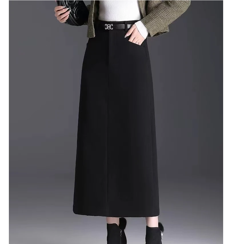 毛呢半身裙女春秋新款长款一步裙开叉包臀裙通勤西裙及踝长裙秋冬