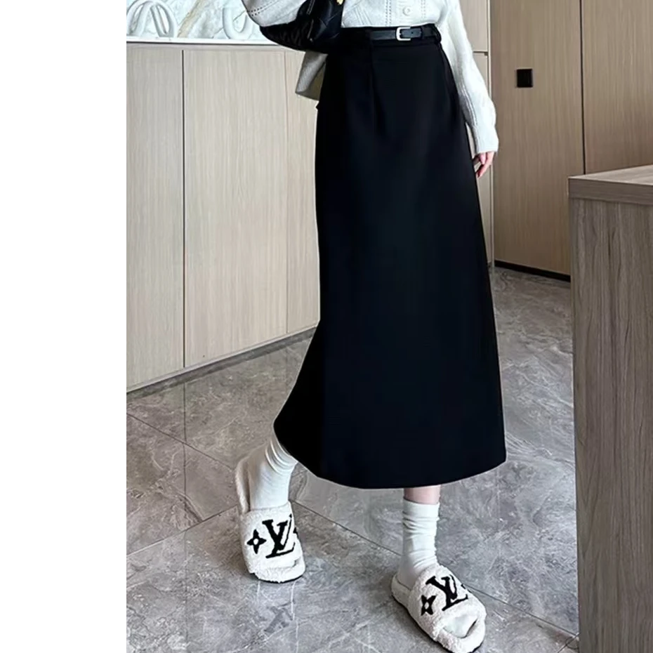 黑色毛呢半身裙女秋冬2025新款开叉裙小个子高腰直筒a字中长裙子